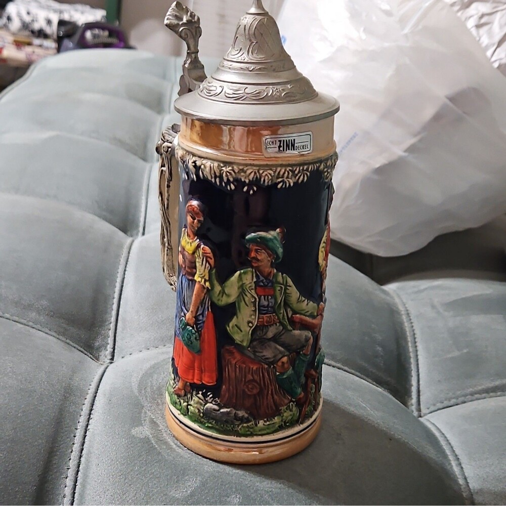 German Lidded‎ Stein Pewter Lid Colorful Relief Breweriana Made in Germany